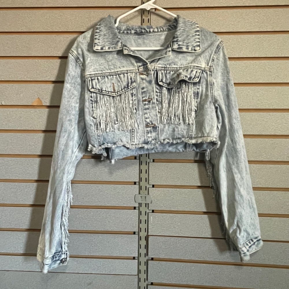 Acid Wash Cropped Denim Jacket Silver Metallic Fringe Western Boho Light Blue M